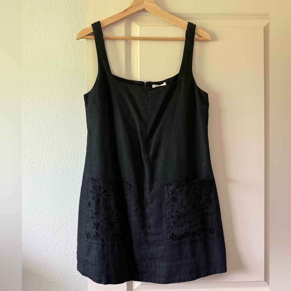 Black Eyelet Pocket Linen Mini Dress